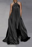 namcoverse Solid Color Halter Collar Luxe Swing Maxi Dress