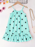 Girls Whimsical Polka Dot Dress - Delicate Spaghetti Strap, Sleeveless, Flirty Ruffle Hem, Halter Neckline - Perfect for Party Occasions, Ideal for Beach and Summer Fun