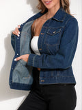 Plain Dark Washed Blue Button Up Long Sleeve Casual Style Denim Top, Women's Denim Jeans & Clothing