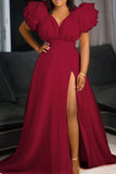 namcoverse Solid Color Mesh Tiered Sleeve Feminine High Split Maxi Dress