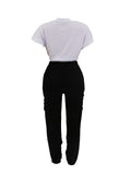 Two-Piece Casual Outfit Set - Crew Neck Short Sleeve Tie Front T-Shirt & High Waist Cut Out Clover Pants - Solid Color, Mid Elasticity, Machine Washable, Polyester Material, Spring/Summer Wear