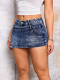 Sexy Deep Blue Stretchy Asymmetric Denim Culottes Shorts - Elastic Waist, Button Accents, Flattering Fit, Comfortable Medium Stretch Fabric, Solid Color, No Printing, Perfect for Summer Casual Outfits