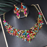 Retro Colorful Flower Crystal Chunky Necklace & Earrings Bridal Set Accessories Wedding Party Jewelry Set