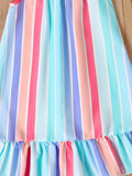 Vibrant Girls Rainbow Striped Sleeveless Ruffle Hem Halter Short Dress - Perfect Party Beach Wear for Summer - Fun, Flirty, and Feminine Design