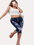 Plus Size High-Rise Capri Jeans - Single-Breasted, Distressed & Cuffed - Casual Chic Denim