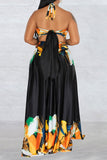 namcoverse Graffiti Print Tropical Strappy Cutout Open Back Maxi Dress