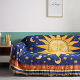 1pc Celestial Moon and Sun Throw Blanket - Soft and Stylish Sofa Cover for Hippie Room Decor - Cotton Woven Blanket for Bed and Couch - Yellow and Blue Design Ramadan