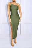 namcoverse Solid Color One Shoulder Lace-Up Chic Ruched High Split Midi Dress