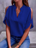 Plus Size Cold Shoulder Blouse - Chic V Neck, Short Sleeve, Spring Essential for Womens Curvy Figures - Elegant, Comfortable, and Confident Fit