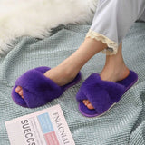 Slippers Fashion Plush Slippers For Women Winter Cozy Fluffy Slippers Indoor Open Toe Flat Fuzzy House Slippers With Cross Band BRVD