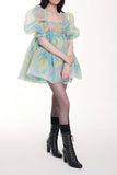 namcoverse Floral Print Retro Puff Sleeve Bubble Mini Dress