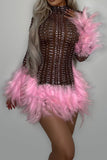 namcoverse Rhinestone Hot Feather Trim See-Through Mini Dress