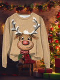 100% Polyester Plus Size Long Sleeve Pullover Crew Neck Sweatshirt with Reindeer Print, Slight Stretch, Oversized 3D Printed Christmas Sportswear Top for Fall/Winter - Women's