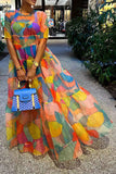 namcoverse Graphic Print Colorful Tiered Ruffle Maxi Dress