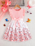 Girls Charming Butterfly Print Loose Fit Comfy Casual Dress - Slight Stretch, Polyester, Belted, Perfect for Summer Holiday Outings and Everyday Wear