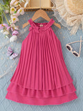 Charming Girls Sleeveless Pleated Halter Dress with Bow Accent - Lightweight Summer Swing Midi for Stylish Outings