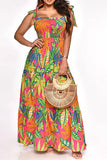 namcoverse Leaf Print Strap Shirred Undeniable Tiered Ruffle Maxi Dress