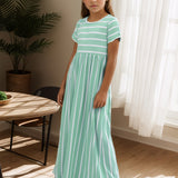 Girls Striped Maxi Dress - Short Sleeve, Loose & Comfortable - Versatile Casual Style for Everyday Wear