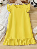 Girls' Summer Elegance: Flutter Sleeve Solid Color Dress - Ruffle Hem, Perfect for Holiday & Party Celebrations