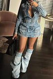 namcoverse Washed Denim Casual Multi Pocket Mini Dress With Leg Warmers