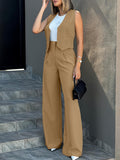 Timeless Elegance: Chic Button Vest & Wide-Leg Pants - Women's Solid Two-Piece Set, Durable & Easy-Care for All Seasons