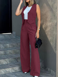 Timeless Elegance: Chic Button Vest & Wide-Leg Pants - Women's Solid Two-Piece Set, Durable & Easy-Care for All Seasons