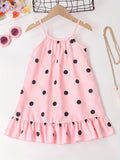 Girls Whimsical Polka Dot Dress - Delicate Spaghetti Strap, Sleeveless, Flirty Ruffle Hem, Halter Neckline - Perfect for Party Occasions, Ideal for Beach and Summer Fun