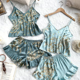 2 Sets Luxurious Floral Print Satin Pajama Set - Elegant V Neck & Backless Crop Cami Top with Flirty Ruffle Hem Shorts - Feminine Womens Sleepwear for Dreamy Nights