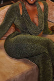 namcoverse Solid Color Shimmery Cowl Neck Split Hem Pant Suit