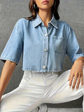 Women's Plain Cropped Drop Shoulder Denim Shirt, Elegant Style With Chest Pocket, Casual Chic Summer Wear