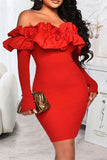 namcoverse Solid Color Ruffles Off Shoulder Romantic Bodycon Mini Dress