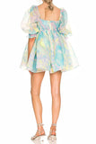 namcoverse Floral Print Retro Puff Sleeve Bubble Mini Dress