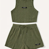 Spring/Summer Essentials: Women's Casual Ribbed Knit Tank Top & Shorts Set | Comfortable, Versatile & Easy Care