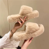 Fur Slippers Winter Platform Fluffy Slippers Furry Sabot Hairy Plush Women House Home Flat Cozy Fuzzy Indoor Shoes Casual 240830