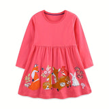 Pure Cotton Girl's Animal Pattern Long-Sleeve Dress, Spring & Summer Casual A-line Dresses, Gift