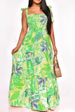 namcoverse Leaf Print Strap Shirred Undeniable Tiered Ruffle Maxi Dress