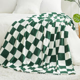 1pc Cozy Bliss Green Checkered Blanket Super Soft Warm Fleece Blanket Checkerboard Grid Plush Blanket For Couch Bed