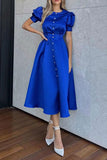 namcoverse Solid Color Puff Sleeve Girly A-Line Midi Dress