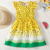 Girls Sweet Watermelon Print Ruffle Sleeve A-line Dress - Playful Vacation Casual Wear, Perfect Summer Gift for Little Fashionistas