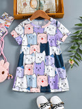 Adorable Cartoon Cat Sleeveless Tunic Dress for Girls - Soft Polyester Knit Fabric, Geometric Pattern, Regular Fit, Slight Stretch, Perfect for Summer Holidays