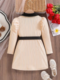 Girls Contrast Lapel Long Sleeve Casual Dress With Belt, Spring & Fall Vacation Party Casual A-line Dresses, Gift