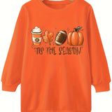 TIS THE SEASON Print Pumpkin Graphic Crew Neck Dress Girls Comfy Dresses For Autumn