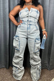 namcoverse Washed Denim Strapless Casual Multi Pocket Jumpsuit