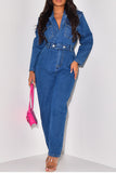 namcoverse Solid Color Notched Lapel Commuting Denim Jumpsuit