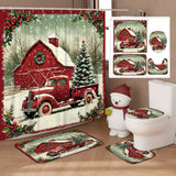 OpenJIT 1/4pcs Christmas Winter Tree Truck House Holly Farmerhouse Red Shower Curtain Set Waterproof Polyester Washable Shower Curtain for Xmas Bathroom or Shower Decor with 12 Hooks Non-slip Bath Mat U-shape Toilet Lid Cover Mat, Christmas Decorations