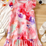 Girls' Summer Elegance: Flutter Sleeve Solid Color Dress - Ruffle Hem, Perfect for Holiday & Party Celebrations