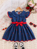 Adorable Girls Strawberry Pattern Sleeveless Doll Collar Ruffle Hem Dress with Belt - Casual Summer Outfit for Machine Washable Woven Fabric - Easy Care and Regular Fit