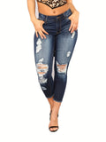 Stretchy High Waist Skinny Jeans for Women - Soft Cotton Blend, Ripped and Distressed Details, Solid Color, Casual Style, Perfect for Spring and Fall Seasons