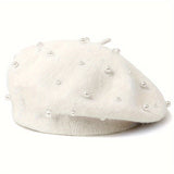 Stylish Pearl Embellished Beret Hat - Soft, Lightweight, Warm, and Elegant Solid Color Painter Cap for Women's Daily Use in Autumn and Winter - Perfect for Casual Outings and Formal Events