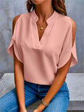 Plus Size Cold Shoulder Blouse - Chic V Neck, Short Sleeve, Spring Essential for Womens Curvy Figures - Elegant, Comfortable, and Confident Fit